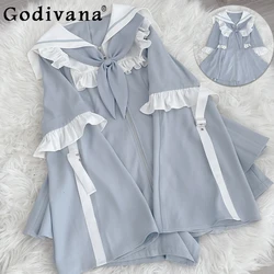 Japanese Mine Lolita Shorts Set Women Bow Lace Ruffles Slim-Fit Stitching Sleeves Dress Punk Student Y2k Cosplay Jk Uniform Suit