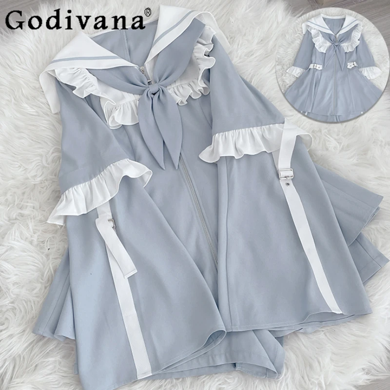 Japanese Mine Lolita Shorts Set Women Bow Lace Ruffles Slim-Fit Stitching Sleeves Dress Punk Student Y2k Cosplay Jk Uniform Suit