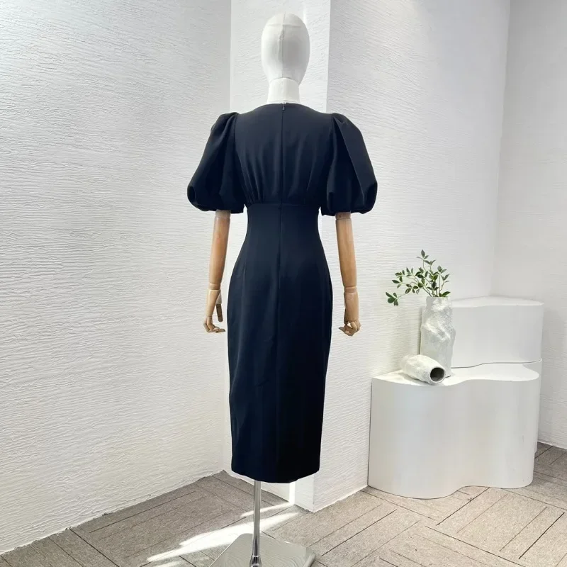 Women's Black Puff Short Sleeve O Neck Midi Dress Chic and Elegant Summer Dresses for Women Holiday New Arrivals 2024