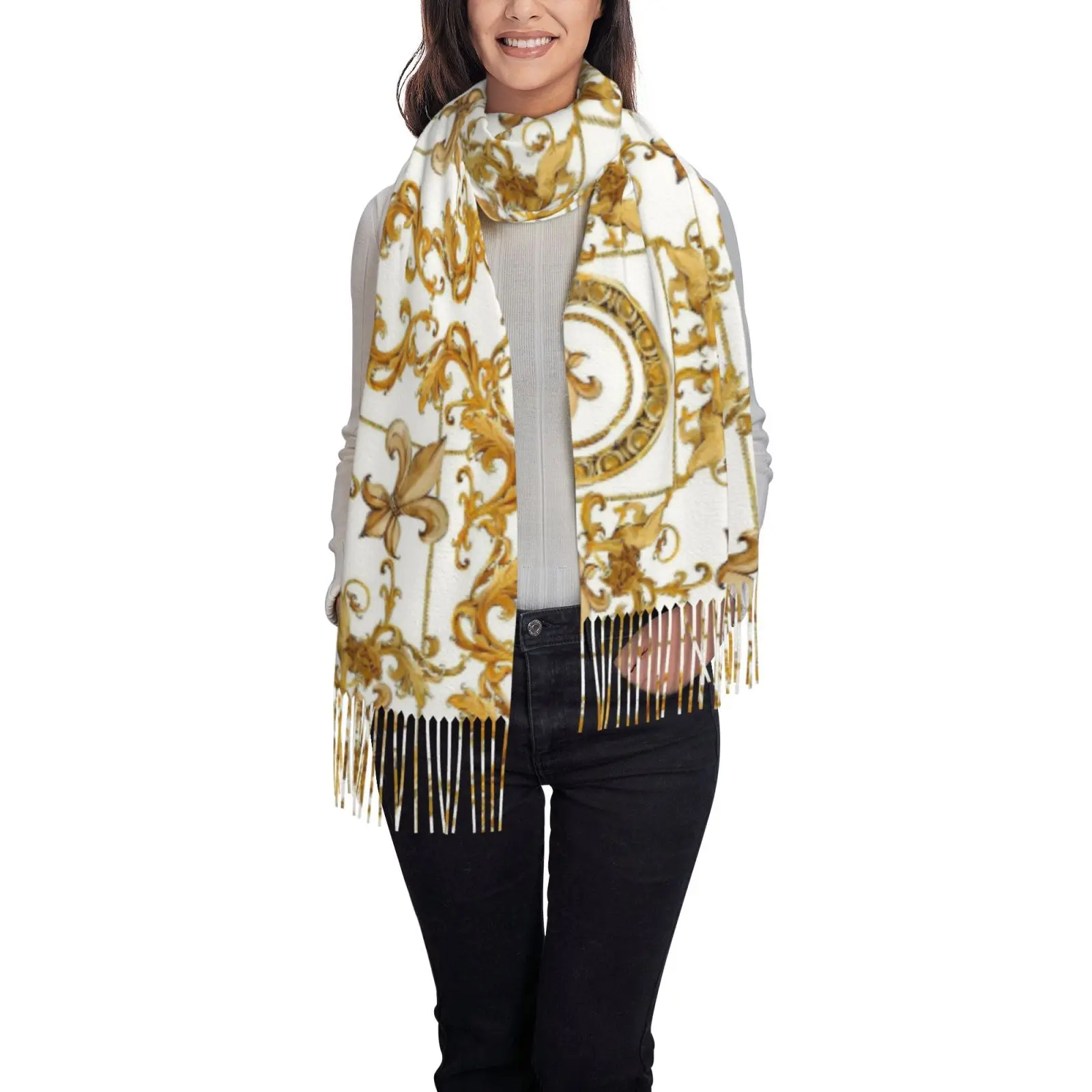 Luxury Golden Baroque Ornament Print Tassel Scarf for Women, Soft Thick Winter Warm Shawl Wrap, Elegant Evening Party Outerwear