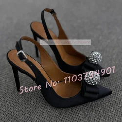 Bling Crystals Ball Butterfly-Knot Sandals Lady Pointy Toe Satin Back Strap High Heels Shoes Women Fashion Party Elegant Sandals