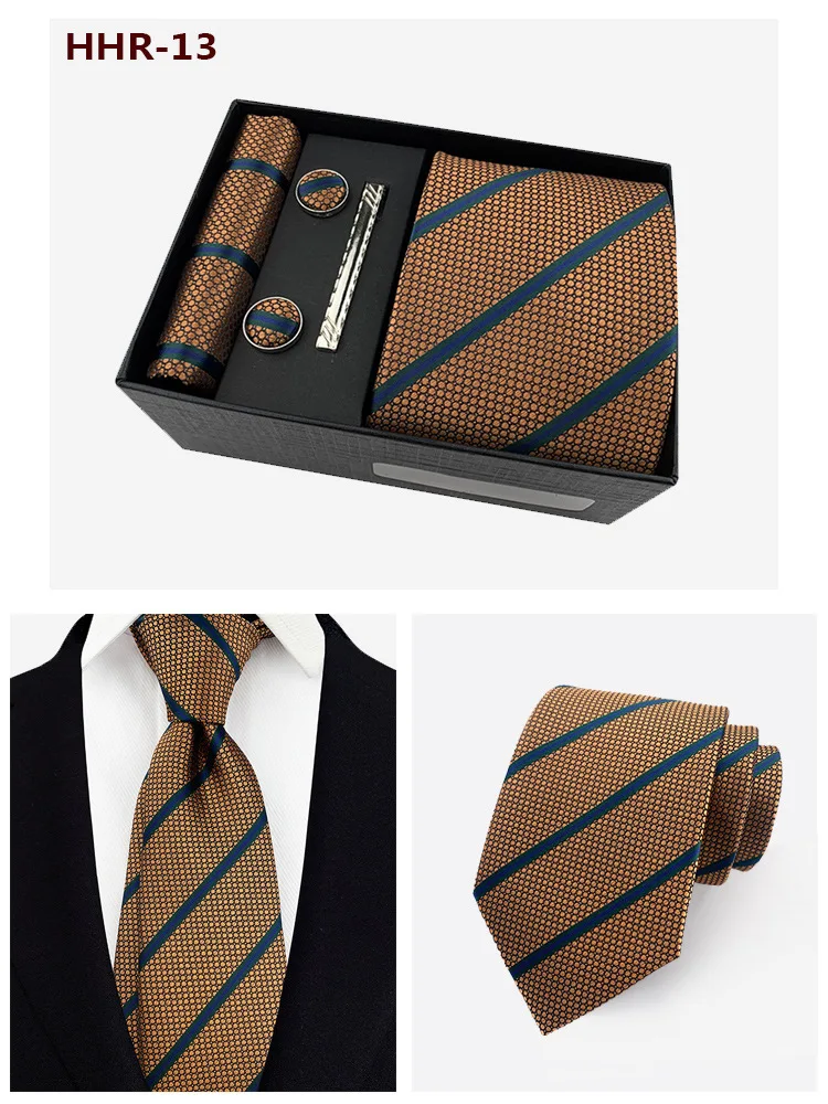 Striped Neck Tie Cufflinks Clip Pocket Square Set Necktie Kerchief Scarf Wedding Party Business Shirt Suit Ties Scarves Men Gift