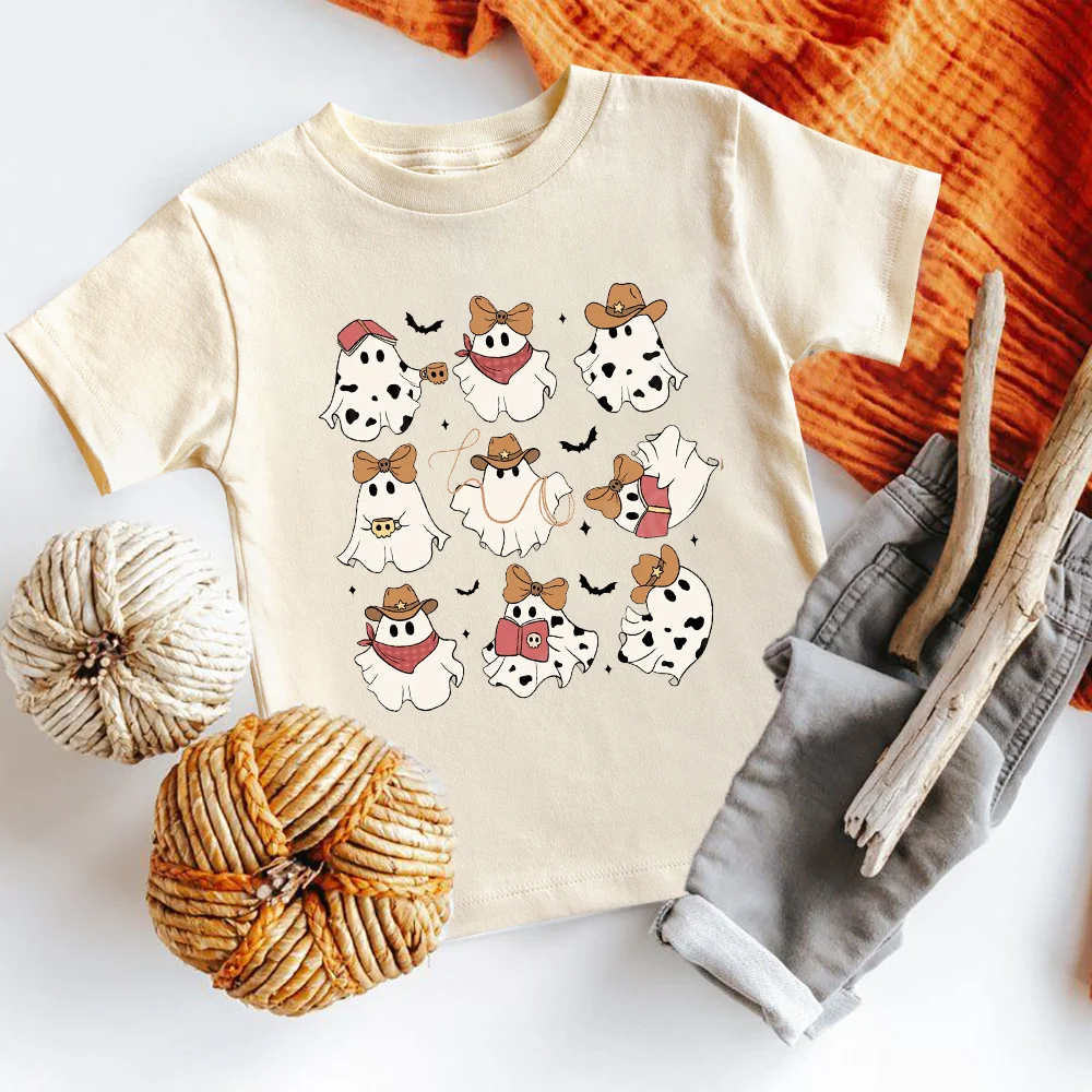 

Cute Ghost Printed Pattern Printed Boys' and Girls' T-shirt Halloween Casual Round Neck Top Children's Tee