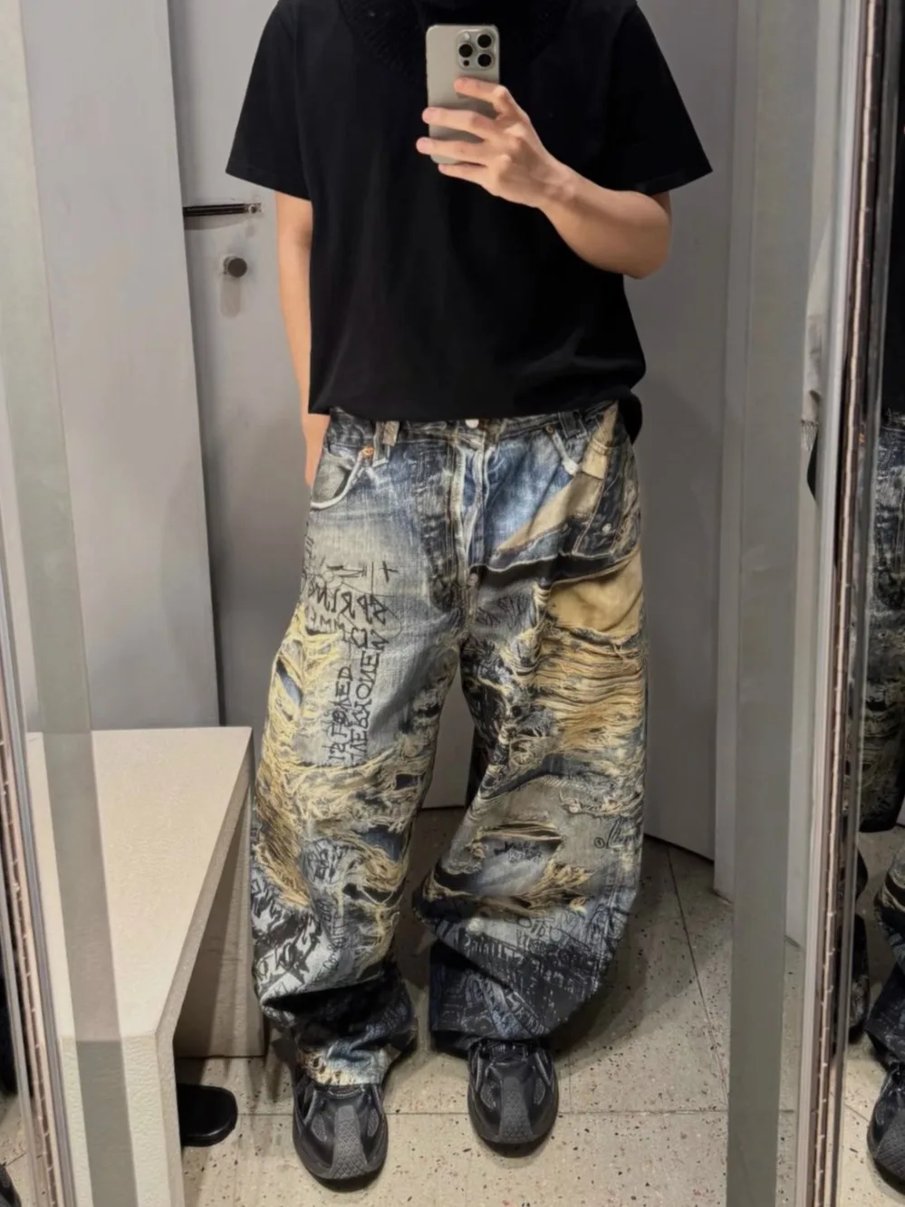 

fiti Destructive 3D Digital Print Illusion Loose Casual Pants Baggy Wide Leg Trousers Casual Straight Leg Jeans