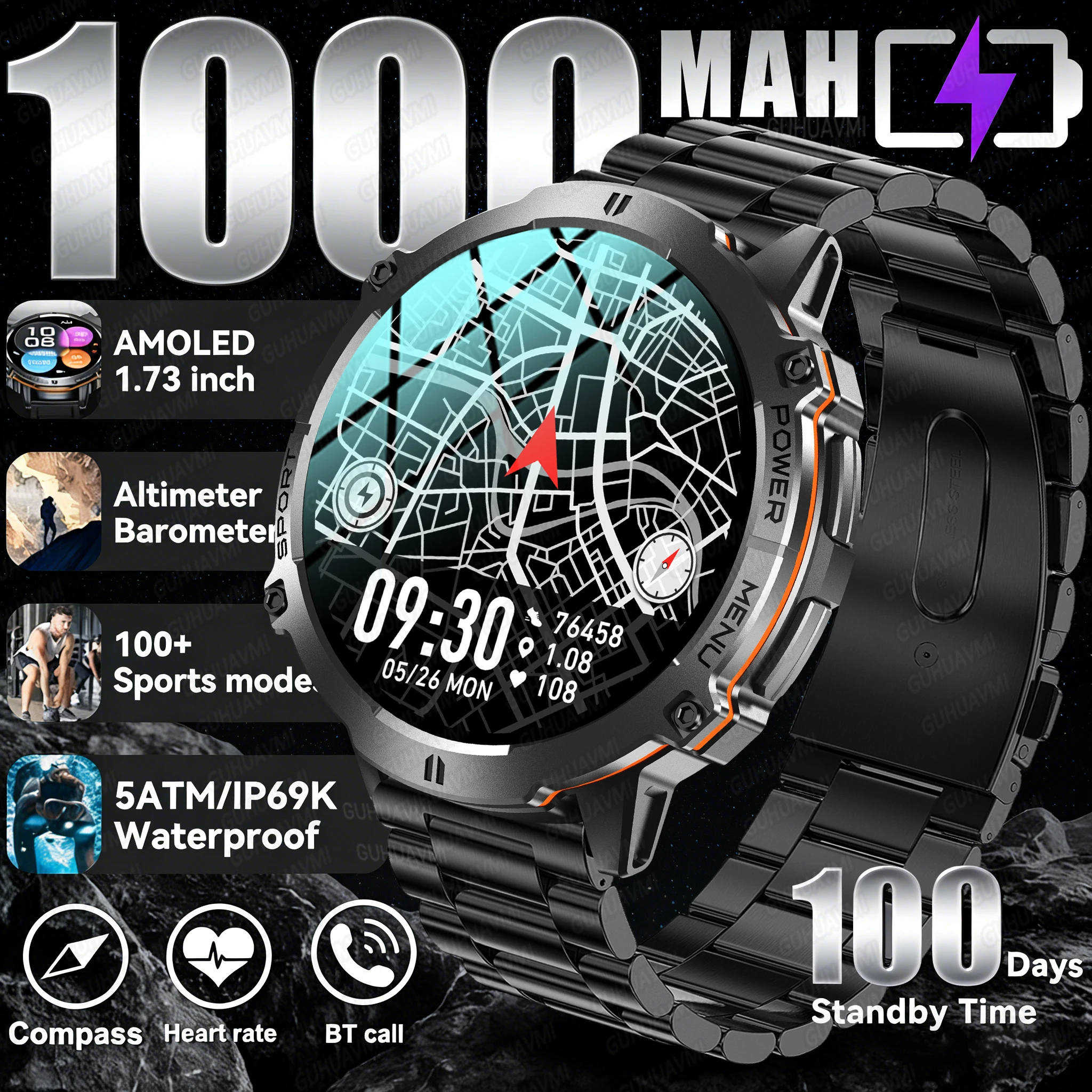 

2026 New ai Smartwatch Men 1.73 Inch AMOLED Always On Display 1000mAh Battery BT Call Heart Rate SpO2 Fitness Tracker Wristband
