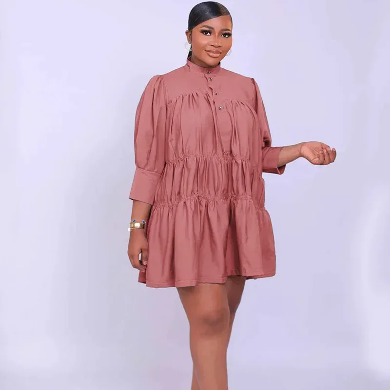 Streetwear Effen Shirt Jurk Met Lange Mouwen Vrouwen Button-Up Stand Kraag Driekwart Mouw Losse Casual Grote Swing Babydoll Jurk