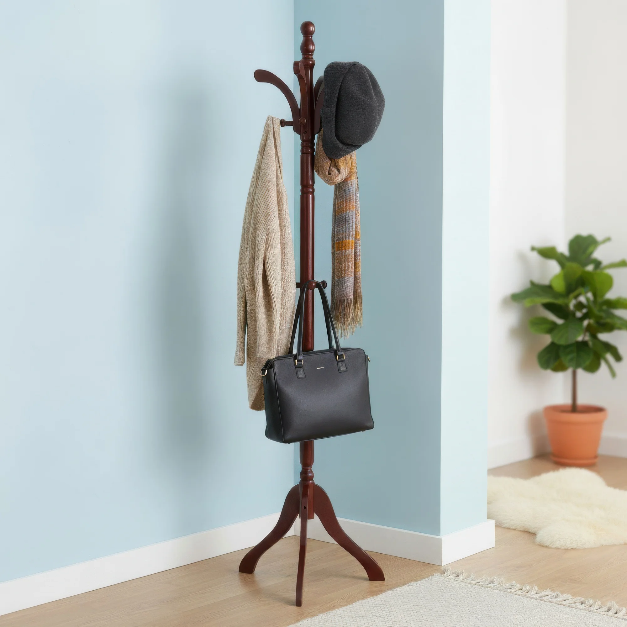 Solid Birch Wood Coat Racks Stand Floor Standing Hanger Rack with Tripod Base for Purse Clothes Hat Umbrella Jacket Coat