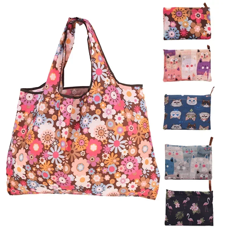 Pieghevole Bee Bear Cat Flower Pattern borsa per la spesa grande lavabile riutilizzabile facile da trasportare borse con capacità