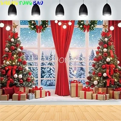 

Christmas Day New Year Party Photography Backdrops Prop Window Living Room Interior Xmas Tree Snow Theme Photo Background FN-06
