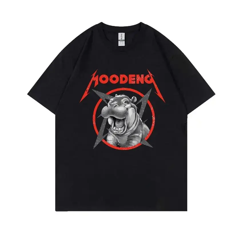 Moo Deng Heavy Metal Tshirt Humor Baby Hippo Funny Meme T-shirt Women Oversized O-collar T Shirts  100% Pure Cotton Tees