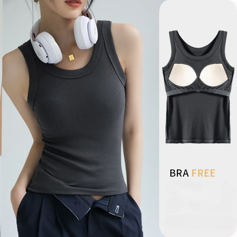 High-elastic Sports Vest No-wear Bra Base Top Threaded Knit Ladies Wear A Black Casual Vest with A Breast Pad Y2k Tops Sexy Top