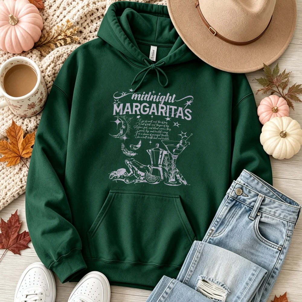 Midnight Margaritas Witchy Moon Cocktail Graphic Hoodie Pullover Hooded Sweatshirt Vintage Magic Spell Print Casual Streetwear