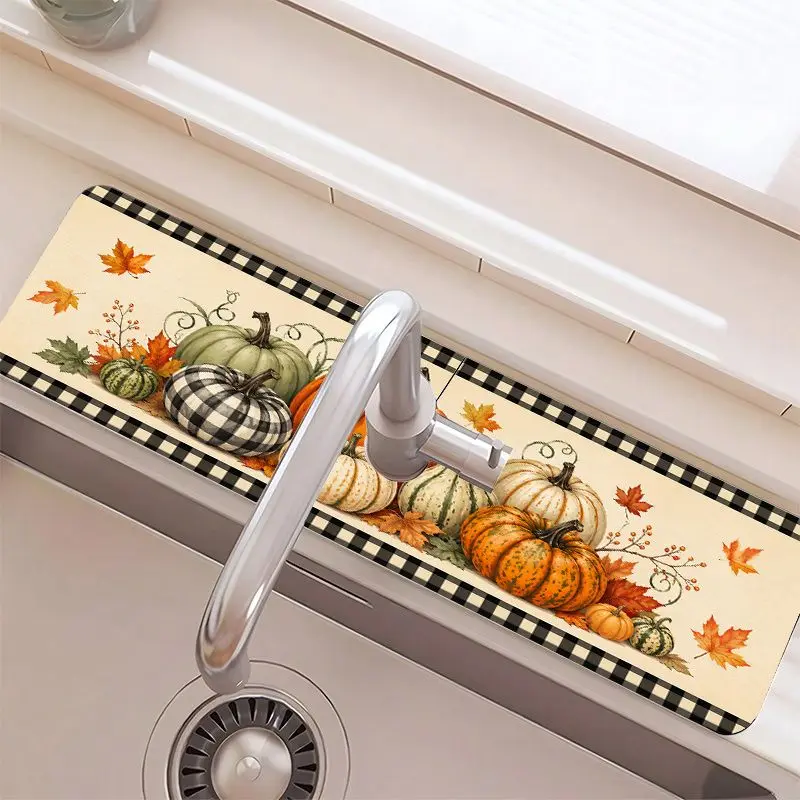 VIKAMA Buffalo Plaid Pumpkin Faucet Mat Fall Print Absorbent Non Slip Sink Drainer Pad For Thanksgiving Rustic Decor