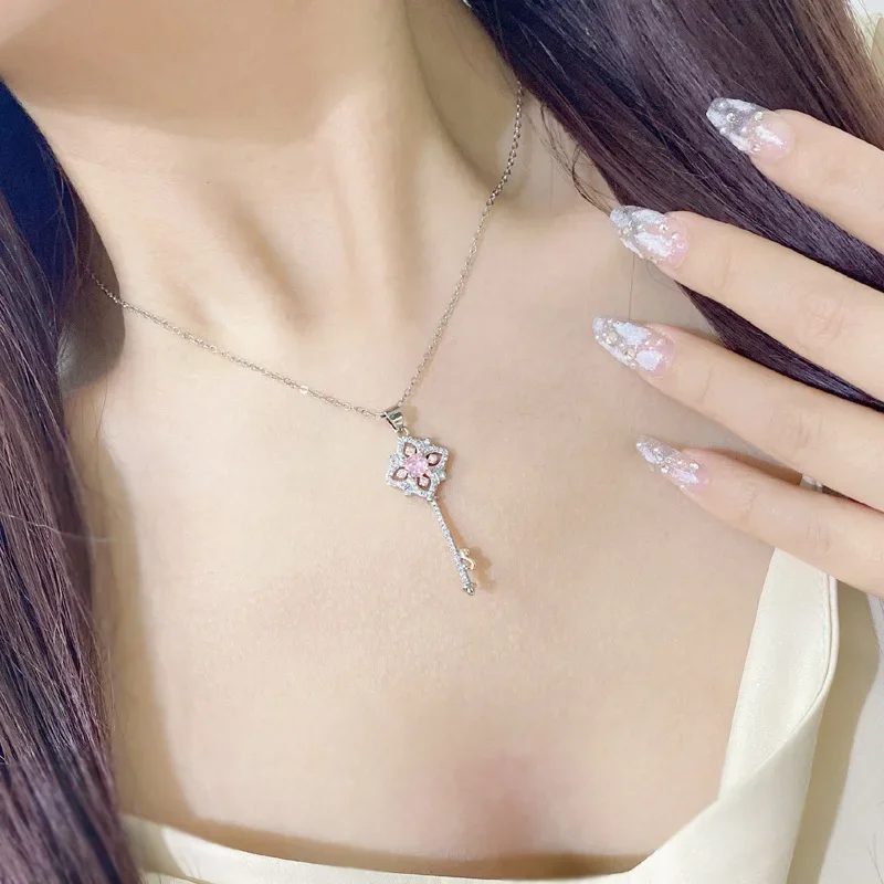 

MDL Moissa!ite Style Cherry Blossom Pink Key Pendant Women 18K Plated Absolutely Beautiful Fairy Hundred Sweater Pendant