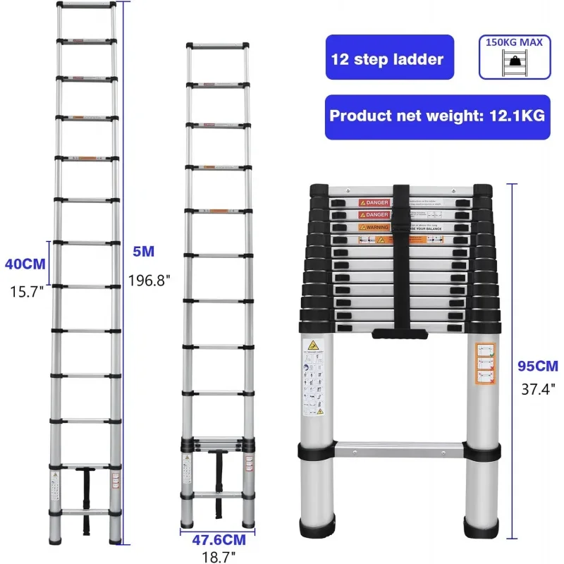 Telescoping Ladder 16FT Aluminum Telescopic Extension Ladder, Multi-Purpose Ladder Household Daily or Work, Portable