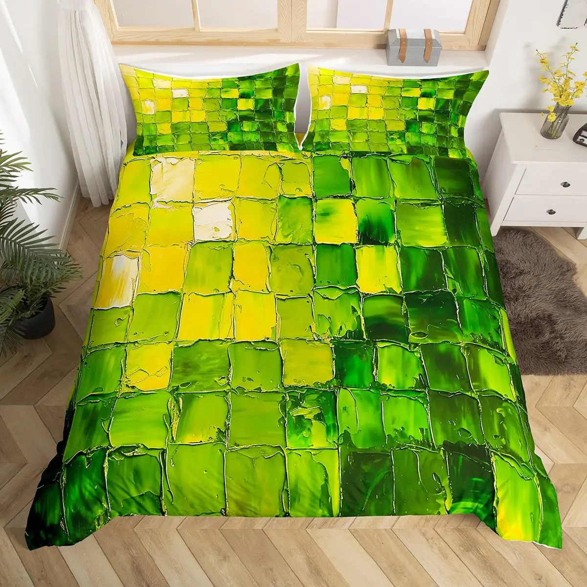 Abstract Squares Duvet Cover Geometric Checkerboard Patchwork Bedding Set Oil Paint Tie-dye Comforter Cover,Green Quilt Cover