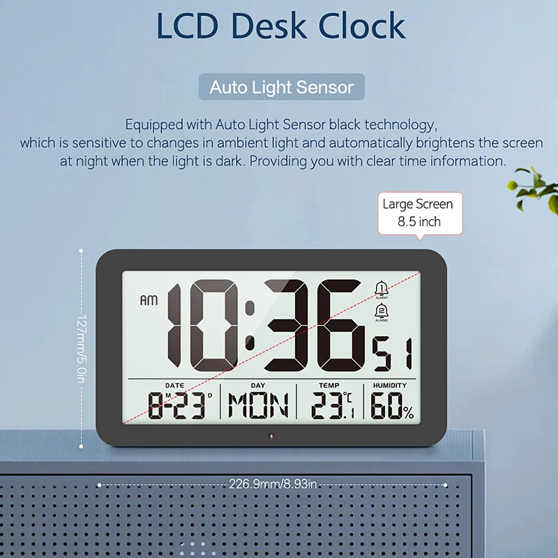 Large Digital Wall Clock with Temperature Humidity Calendar 8.5