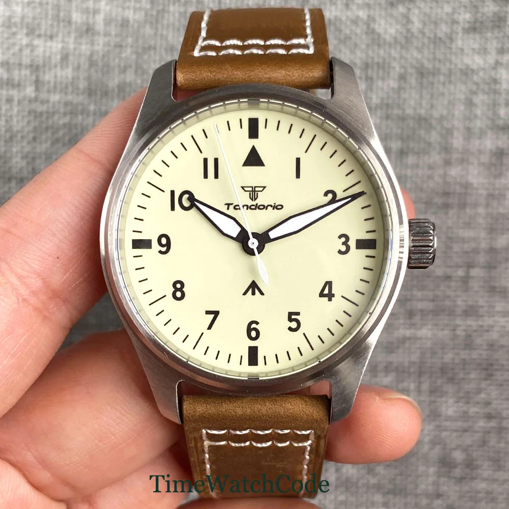 Tandorio Vintage Pilot Automatic Watch for Men Full Luminous Beige Dial NH35 PT5000 200m Waterproof Diving 39mm Sapphire Crystal