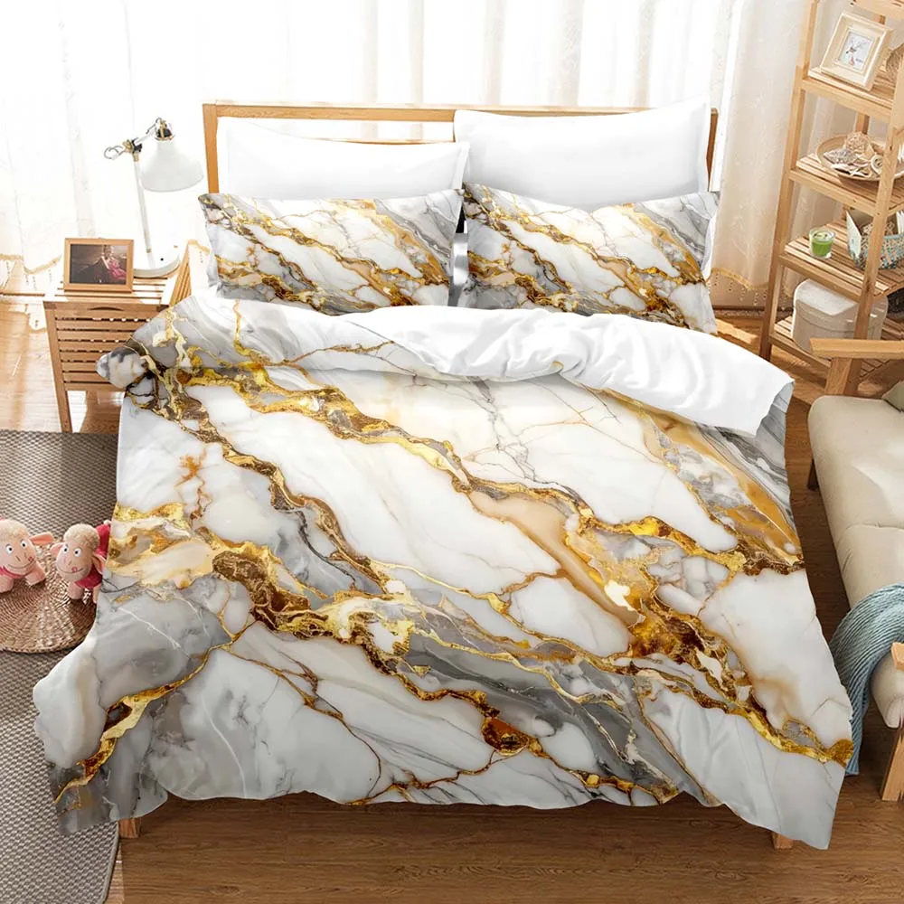 Kawaii Decor Modern Gold Vein Abstract Pattern Three Piece Bedding Set Luxury Comforter Set with Queen King  Including Animea