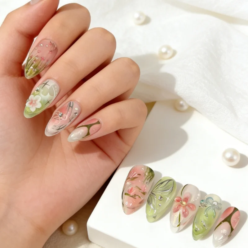 

24PCS Nude Green Pink Press on Nails Spring Almond Fake Nails with 3D Floral Leaf Rhinestone False Nails Fresh Garden Nail Art