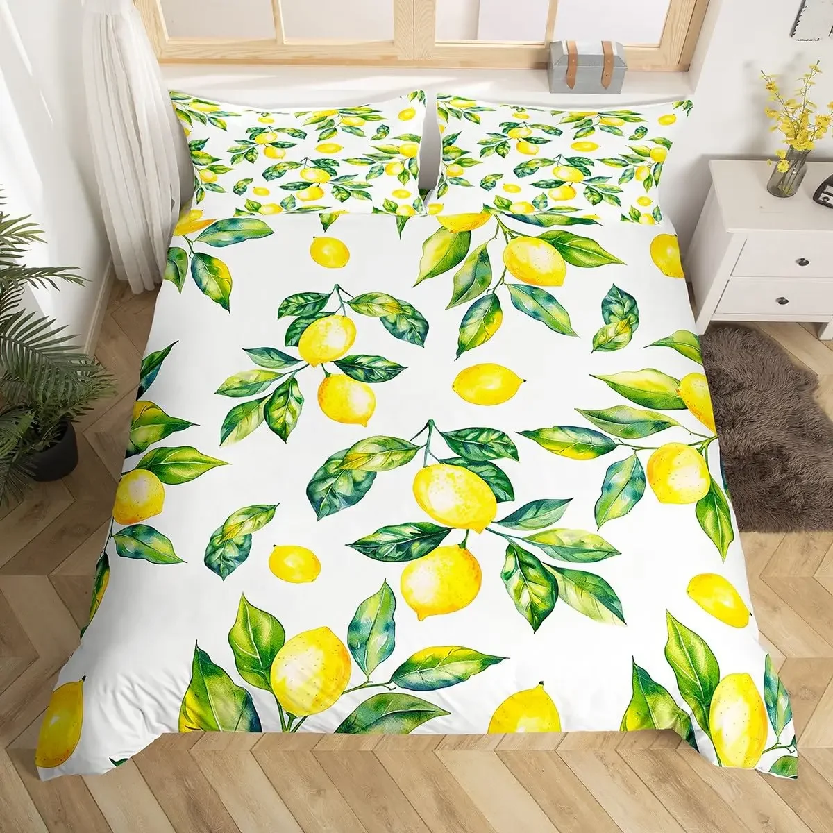 Lemon Duvet Cover Girls Boys Kids Botanical Lemon Pattern Comforter Cover Tropical Fruit Room Decorative Bedding Set with Zipper