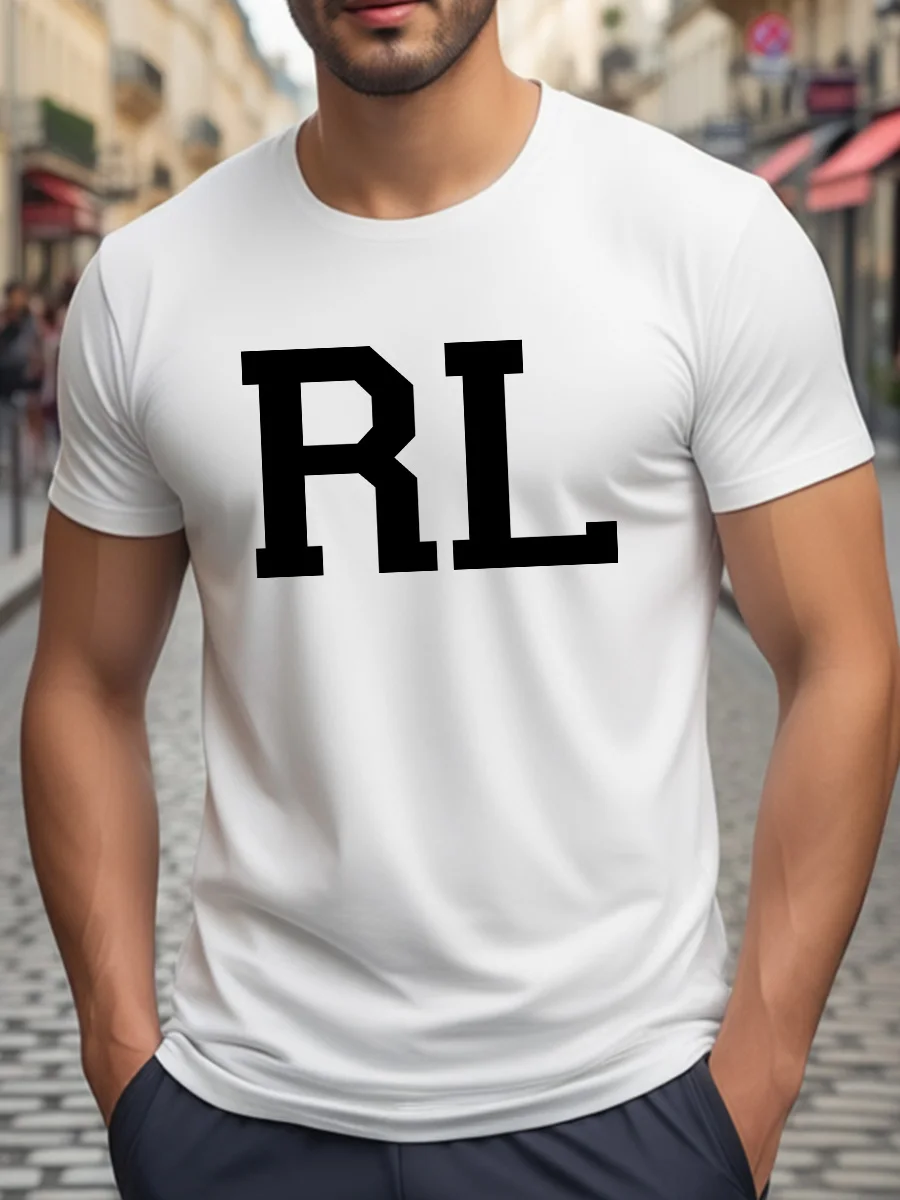 White Short Sleeve T-Shirt with Bold Black RL Graphic Print Crew Neck Casual Tee for Men