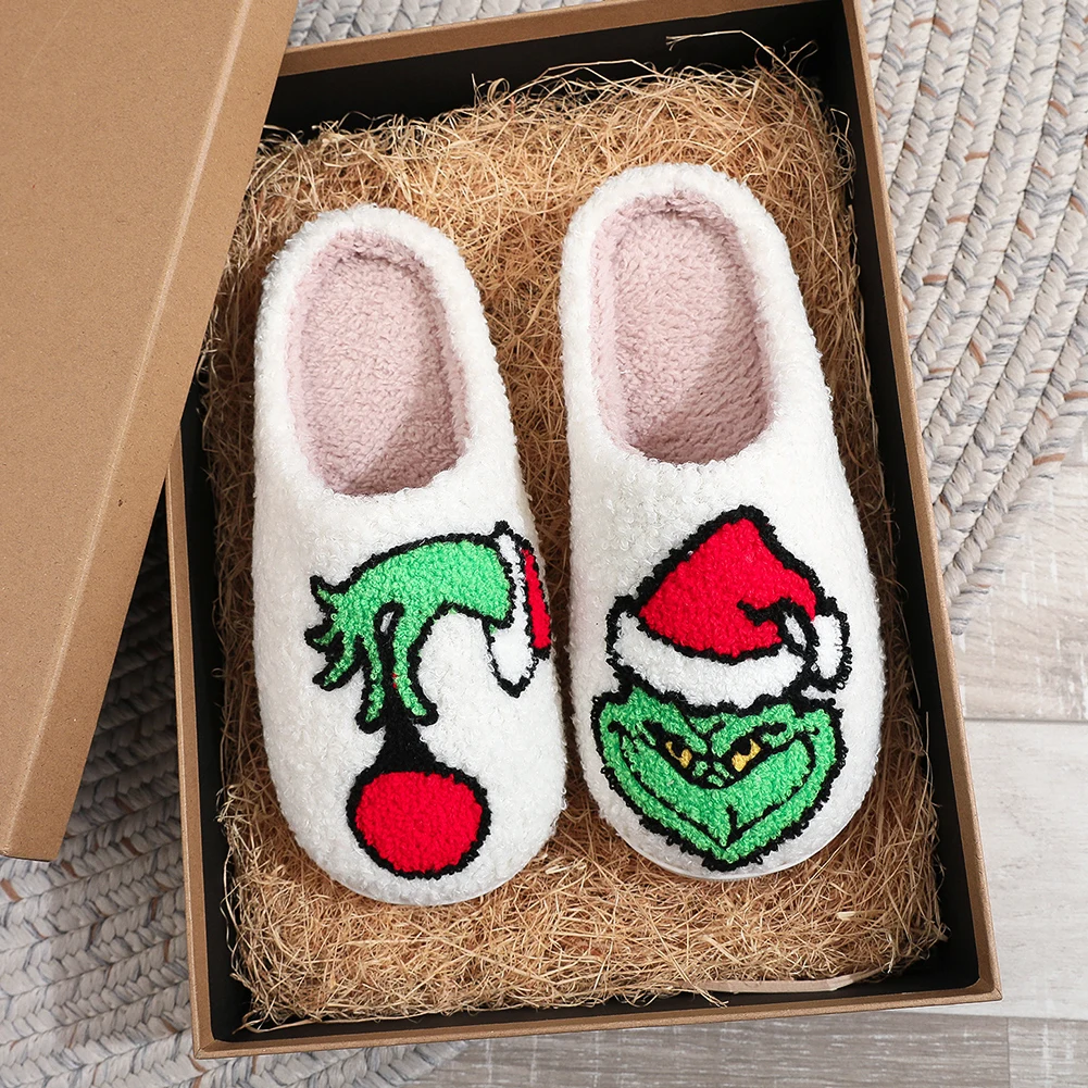 Winter Home Plush Slippers Flat Thermal Slippers Furry Green Monster Slippers For Santa Claus Slippers For Indoor Bedroom