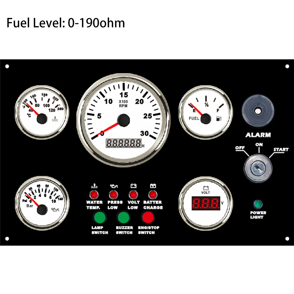 5 Gauge Set 12V 24V Engine Panel Instrument Assembly with 6K Tachometer Fuel Level Water Temp. Oil Pressure Voltmeter 300*190 mm