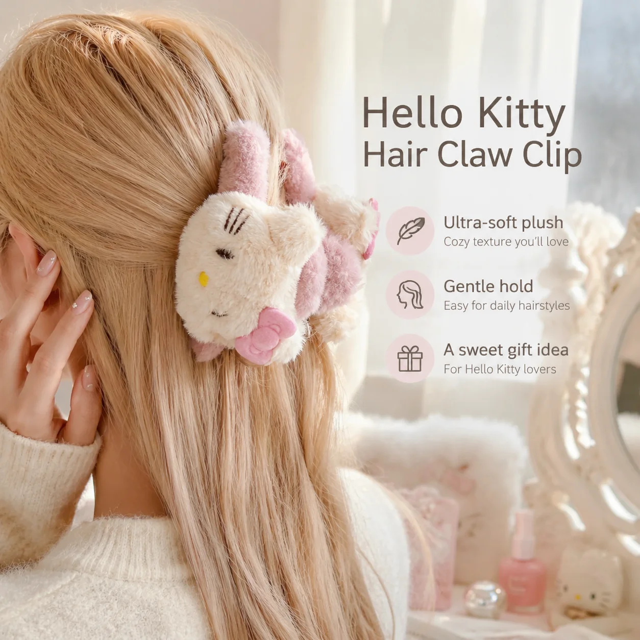 Cute Hello Kitty Plush Hair Claw Clip Double Sided Kitty Cat Shark Hair Clip Back of Head Bun Hair Accessory New for Women Girls