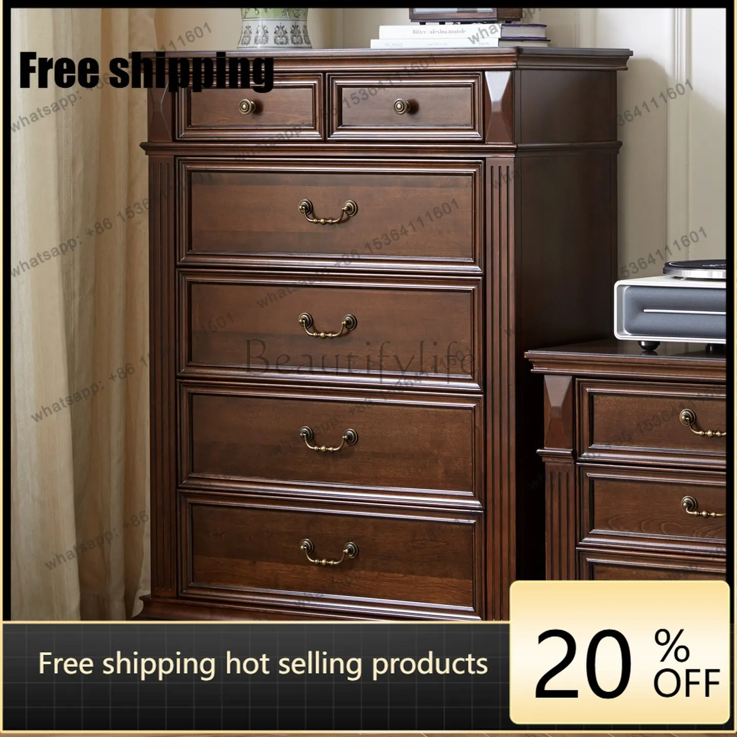 XX pure solid wood American chest of drawers living room light luxury retro bedroom drawer storage cabinet