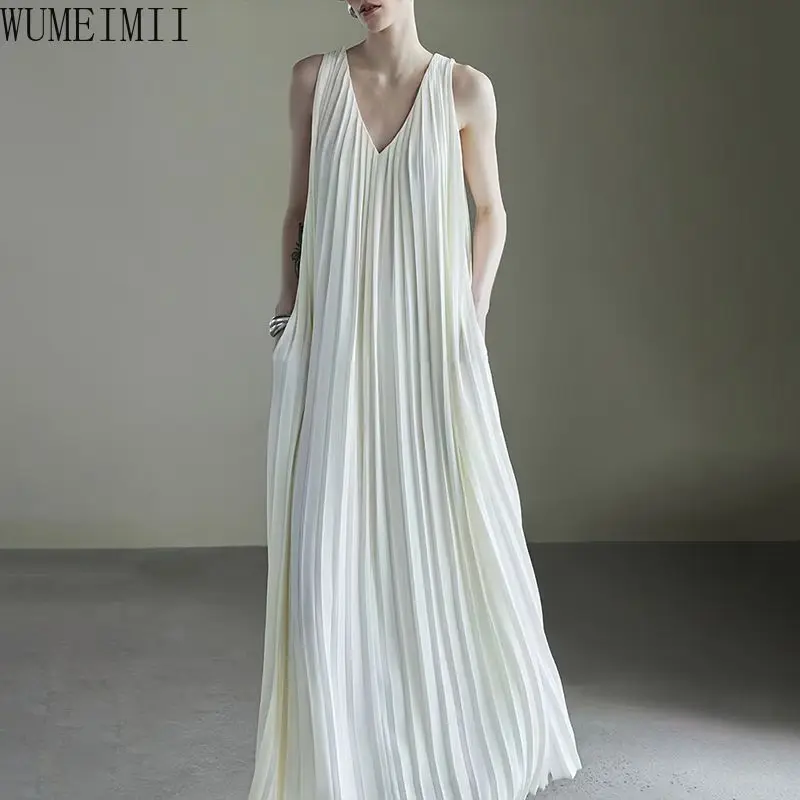 High-end women's white couture three-dimensional pleated long dress chiffon v-neck dress women's summer