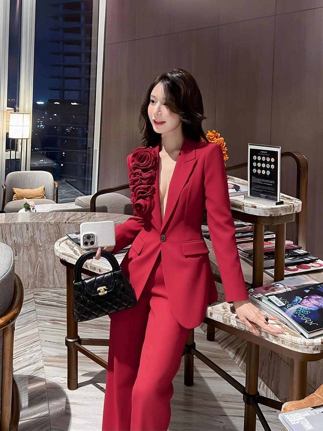 Spring 2026 Red Floral 3 Piece Women's Suit Set High Waist Wide Leg Pants V Neck Button up Fashionable Luxury Style