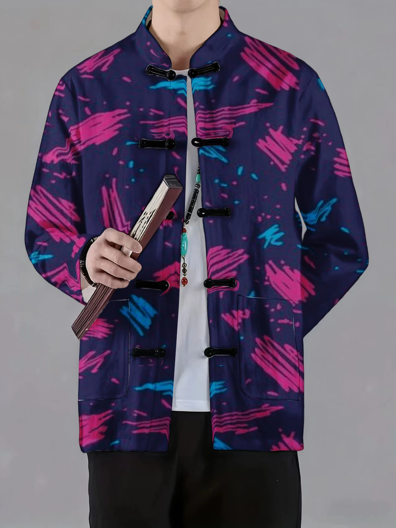 Men Men Mandarin Collar Frog Button Jacket Abstract Wave Stripe Geometric Art Print Traditional Outerwear - Aliexpress Deal