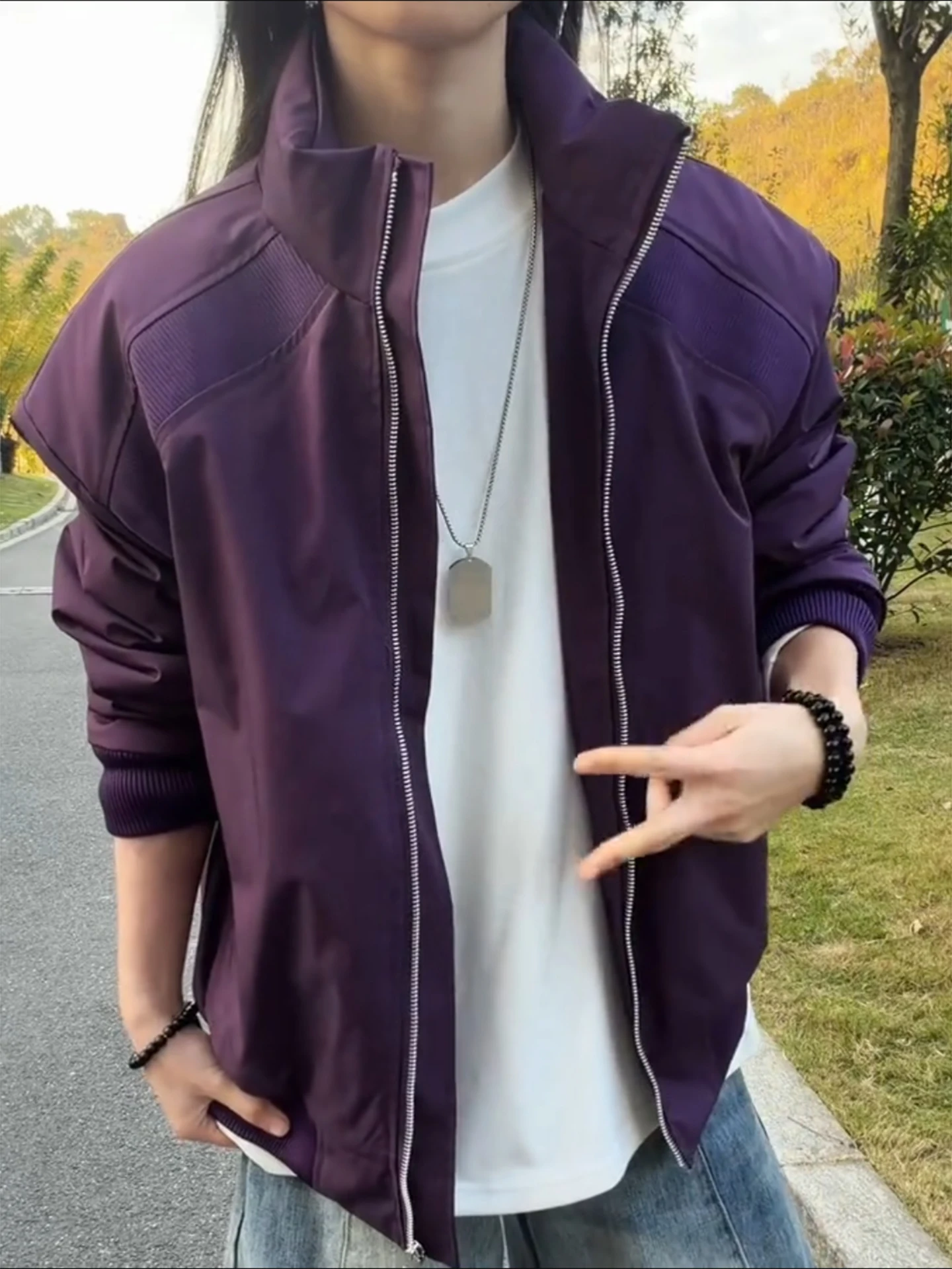 

Purple Bomber Jaet Thiened ort Cotton Coat Warm Stand Collar Men's Autumn Winter American Deconstructed Outerwear