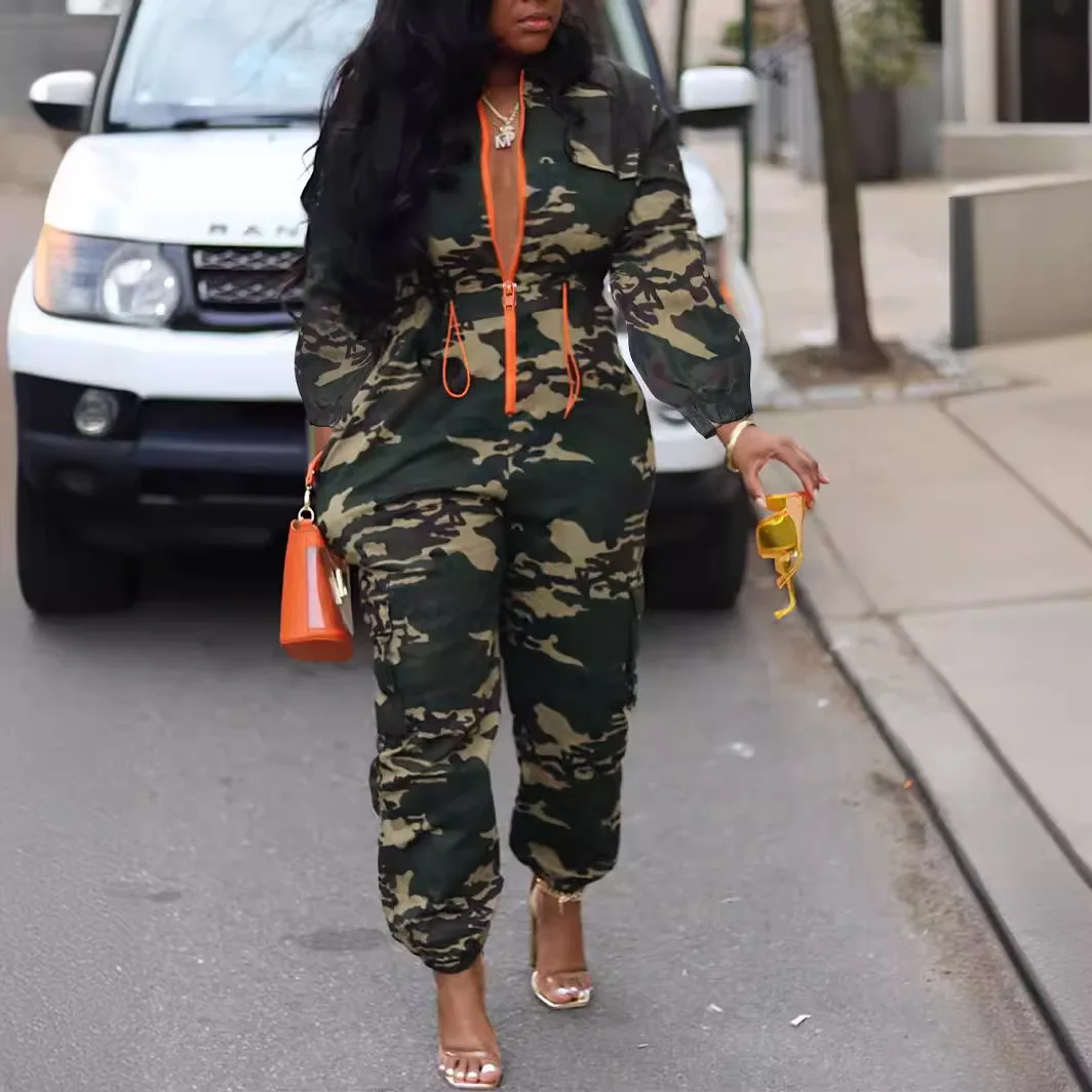 

2025 Fashion New Zipper Casual Street Trousers Long Sleeve Onesie Waist Camouflage Zipper Jumpsuit