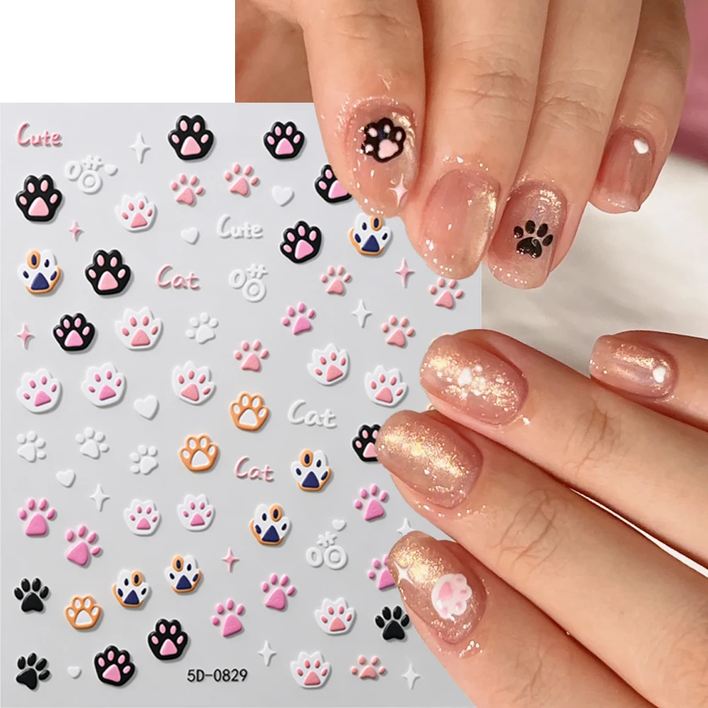 1Pcs Cute Jelly Pink Cat Paw Print Nail Sticker 5D Embossed Japanese Kawaii Pink Black Cat Claw Nail Decals for Nail Decoration#