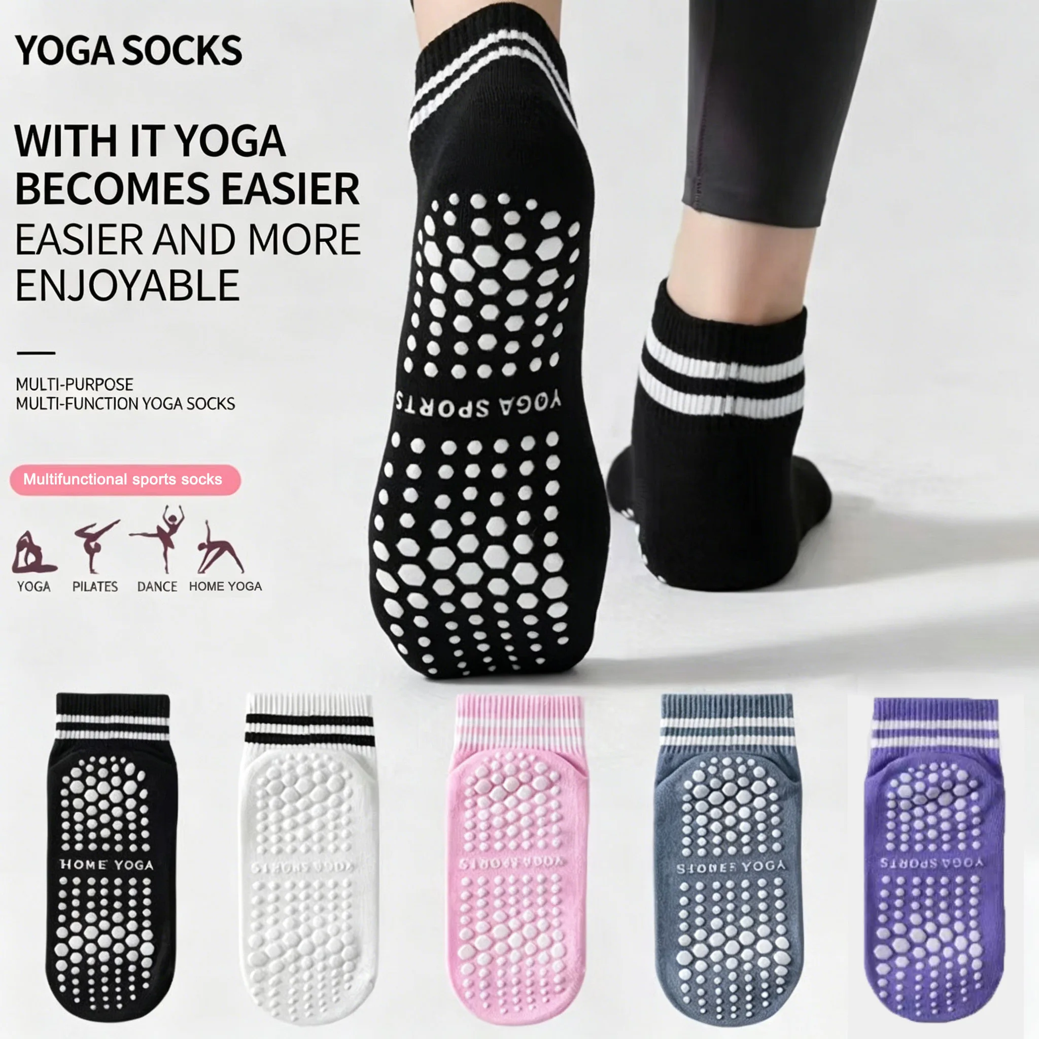 Grip Non Slip Yoga Pilates Socks for Women, Double Stripes Anti Skid Silicone Grip Floor Socks, Non Slip Athletic Workout Ballet