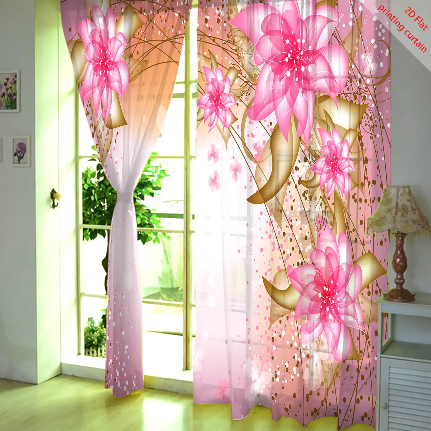 Pink transparent gauze curtain, romantic floral home decoration, suitable for living room, bedroom, balcony windows