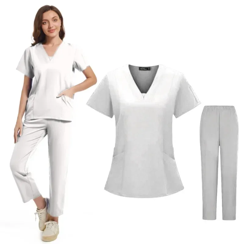 Mulheres Multicolor Enfermagem Scrubs Conjunto, Uniformes de Enfermeira, Manga Curta V-Neck Top, Calças Retas, Pet Doctor Medical Workwear, Novo