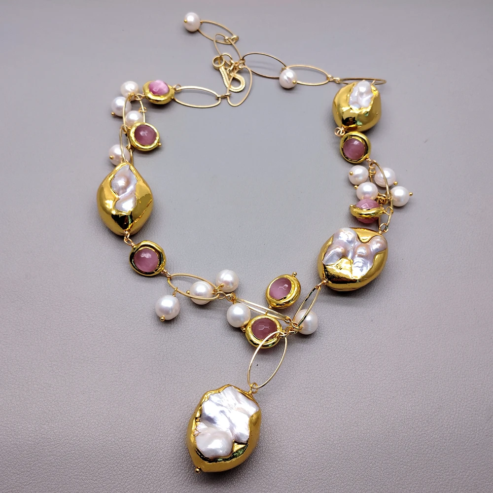 Y·YING Mother Of Pearl Shell Cultured Pearl Pink Cat Eye Gold Plated Necklace For Women Jewelry Gift