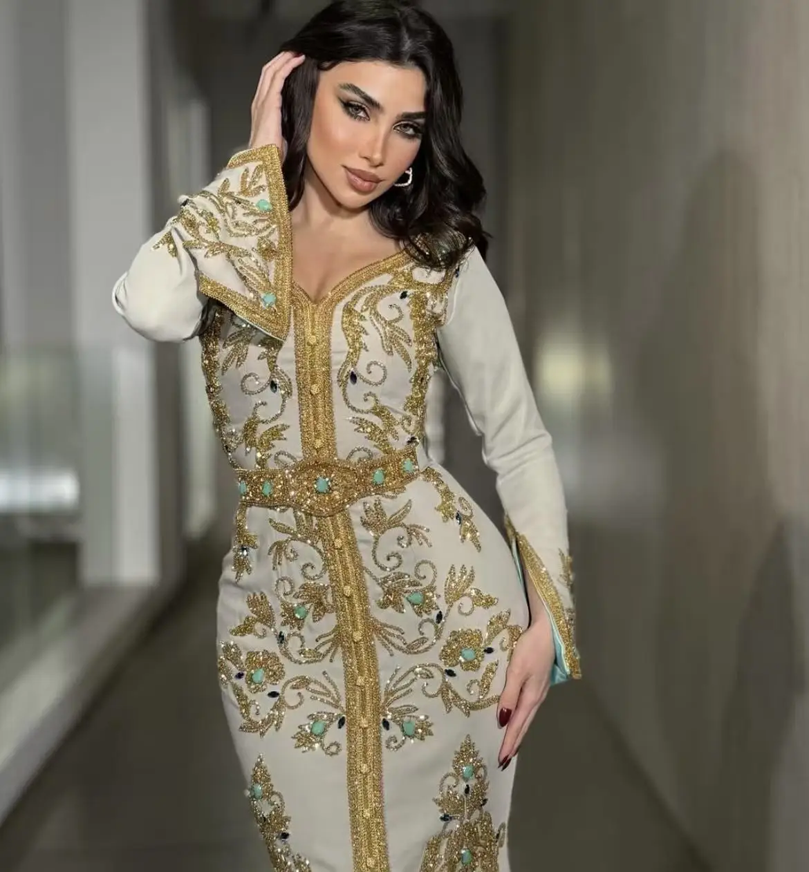 Caftan personnalisé or Applique perlée Abaya dubaï robe de bal caftan moyen manches longues فسات intelliات robes de soirée