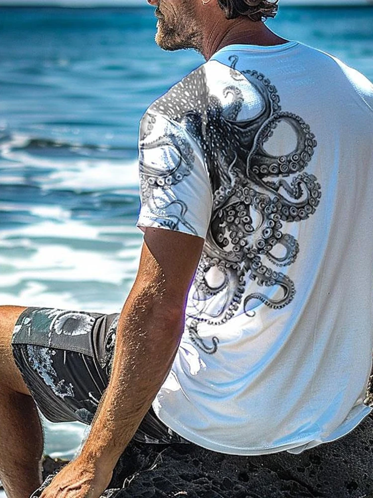 Summer Travel Men\'s T-Shirt Outdoor Sports Loose Comfortable Short Sleeves Octopus Print Shirt Home Casual Round Neck T-Shirt