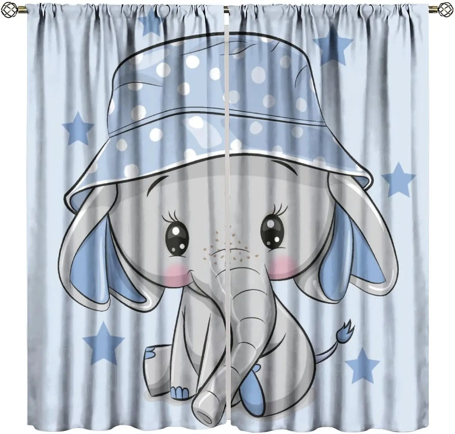 Light Blue Cartoon Baby Elephant Star Blackout Rod Pocket Curtain Sweet Chic Decor Dreamy Soft Zen Homestay Bedroom Rest Bay