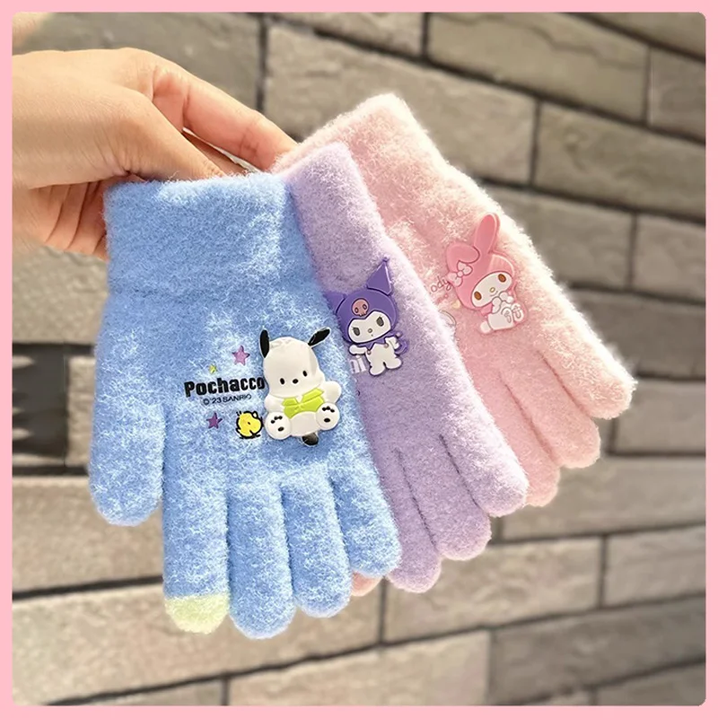 Kawaii Sanrio Gloves Kuromi My Melody Cold-Proof Winter Finger Gloves Plush Screen Touch Warm Children Toddler Christmas Gifts