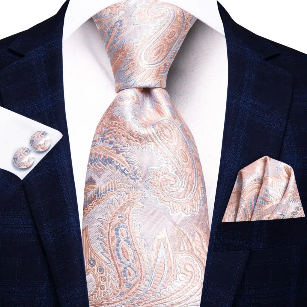 

Hi-Tie 2023 New Peach Pink Paisley Designer Gift Tie for Men Fashion Brand Wedding Party Necktie Handky Cufflinks Dropship