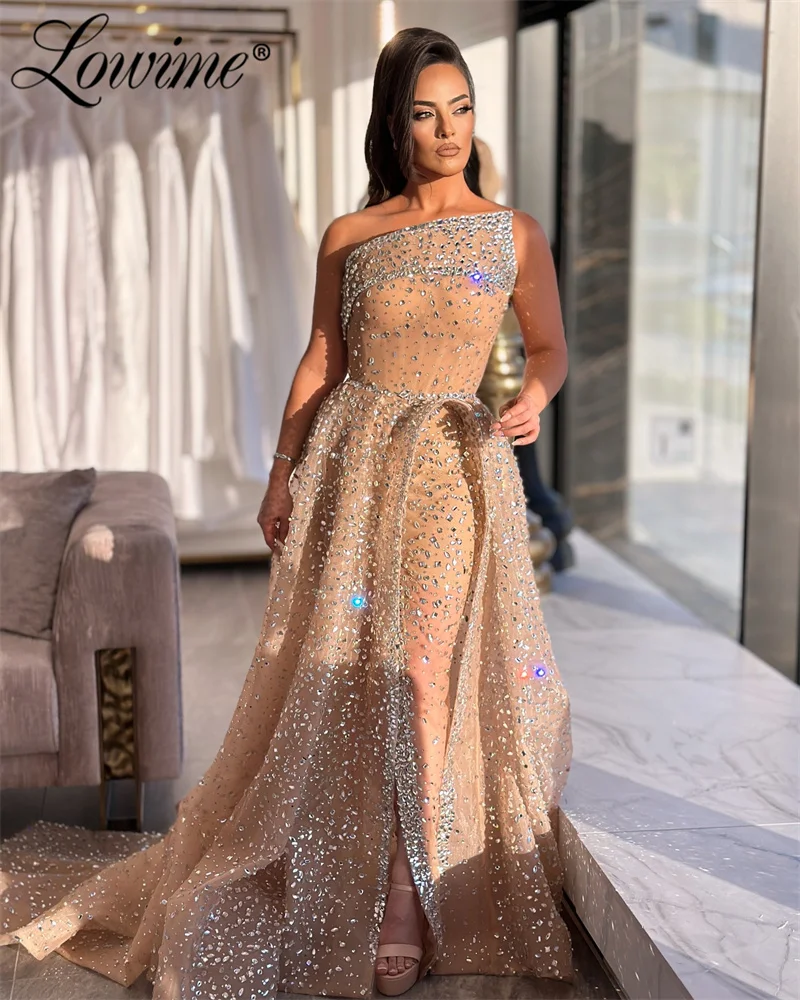 Heavy Crystals Celebrity Dresses Luxury Arabic Evening Dress 2024 Couture Prom Party Gowns For Weddings With High Split Side