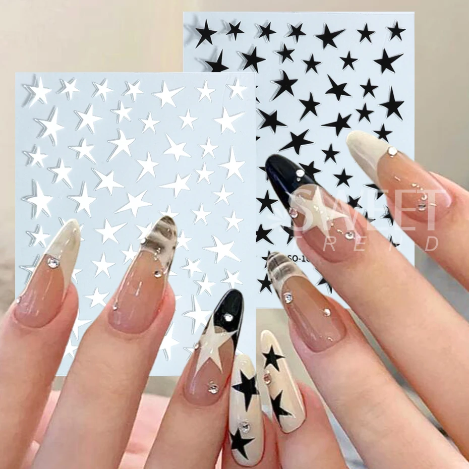 3D Pink Sliver Stars Nails Stickers Bronzing Laser White Y2K Adhesive Kawaii Star Series Sliders Decals Manicure Decorations