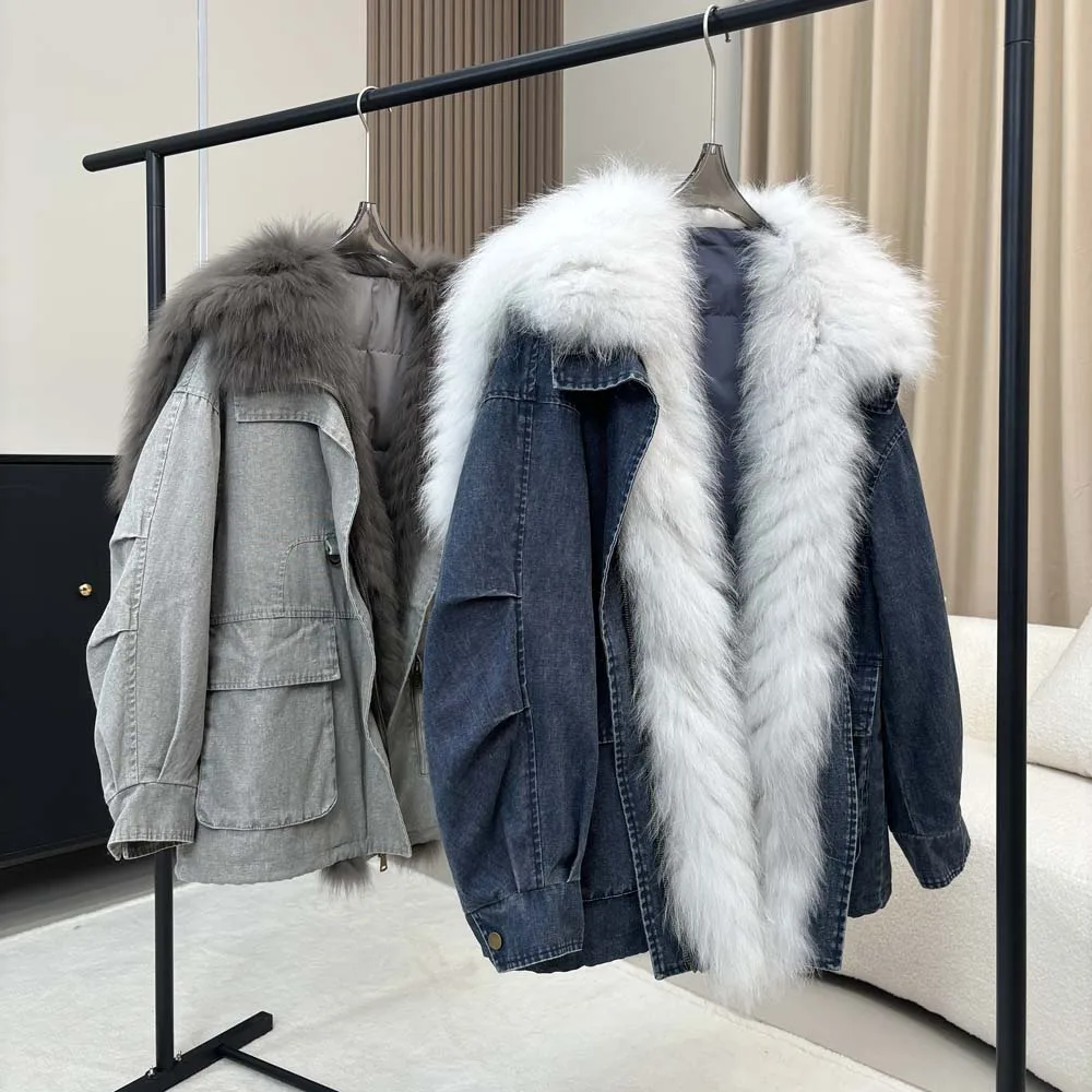 

2025 зимняя новая женская белая меховая куртка на гусином пуху, теплая модная джинсовая хлопковая куртка