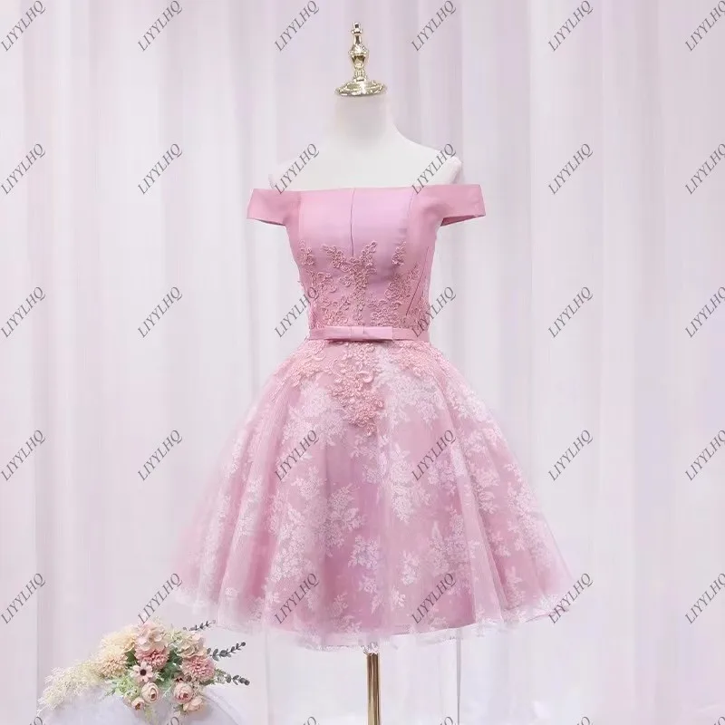 LIYYLHQ Pink Short Homecoming Dresses Off Shoulder With Bow Above Knee Pleat Cocktail Dresses Lace Up Back Tulle Prom Dresses