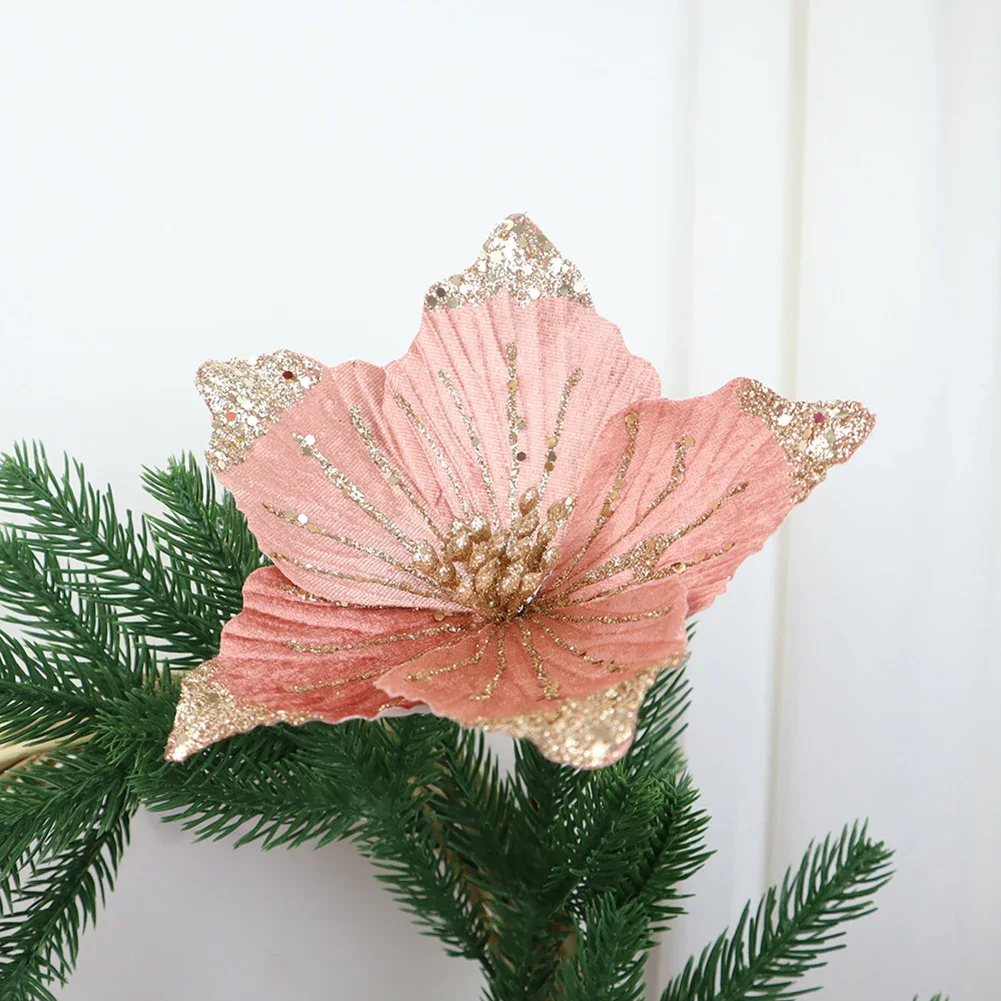 1pc 21cm Christmas Flower Fabric Sequin Simulation Flower DIY Flower Christmas Party Arrangement Happy New Year Decoration